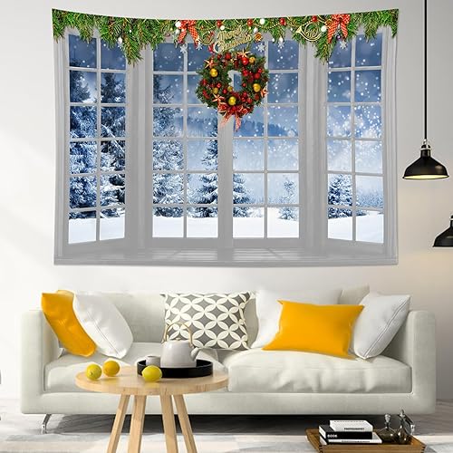 HVEST Tapiz navideño de invierno para colgar en la pared, bosque de pinos nevados con copo de nieve a través de ventana, tapiz de corona de Navidad disponible en Yaxa Peru