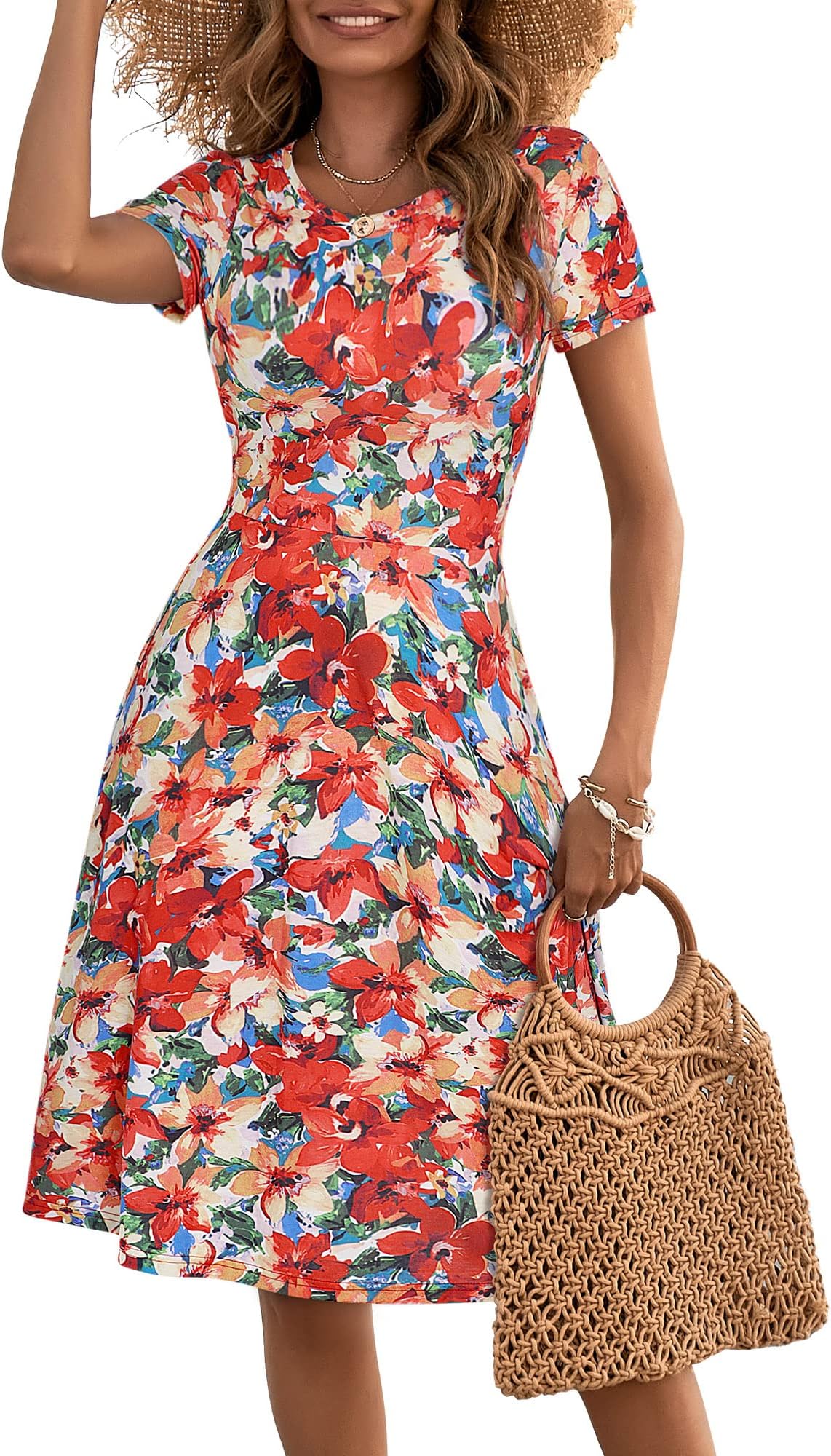 HUHOT Sundresses for Women Casual Summer Short Sleeve Round Neck Floral Skater Dress with Pockets