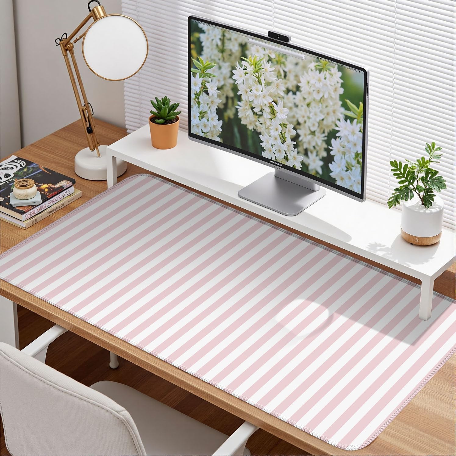 Pink Striped Desk Mat Cute Pastel Large Mouse Pad Kawaii Aesthetic Extended Mat for Home Office Desk Decor for Women Cozy Gaming Keyboard Pad 31.5 X 15.7 image 2