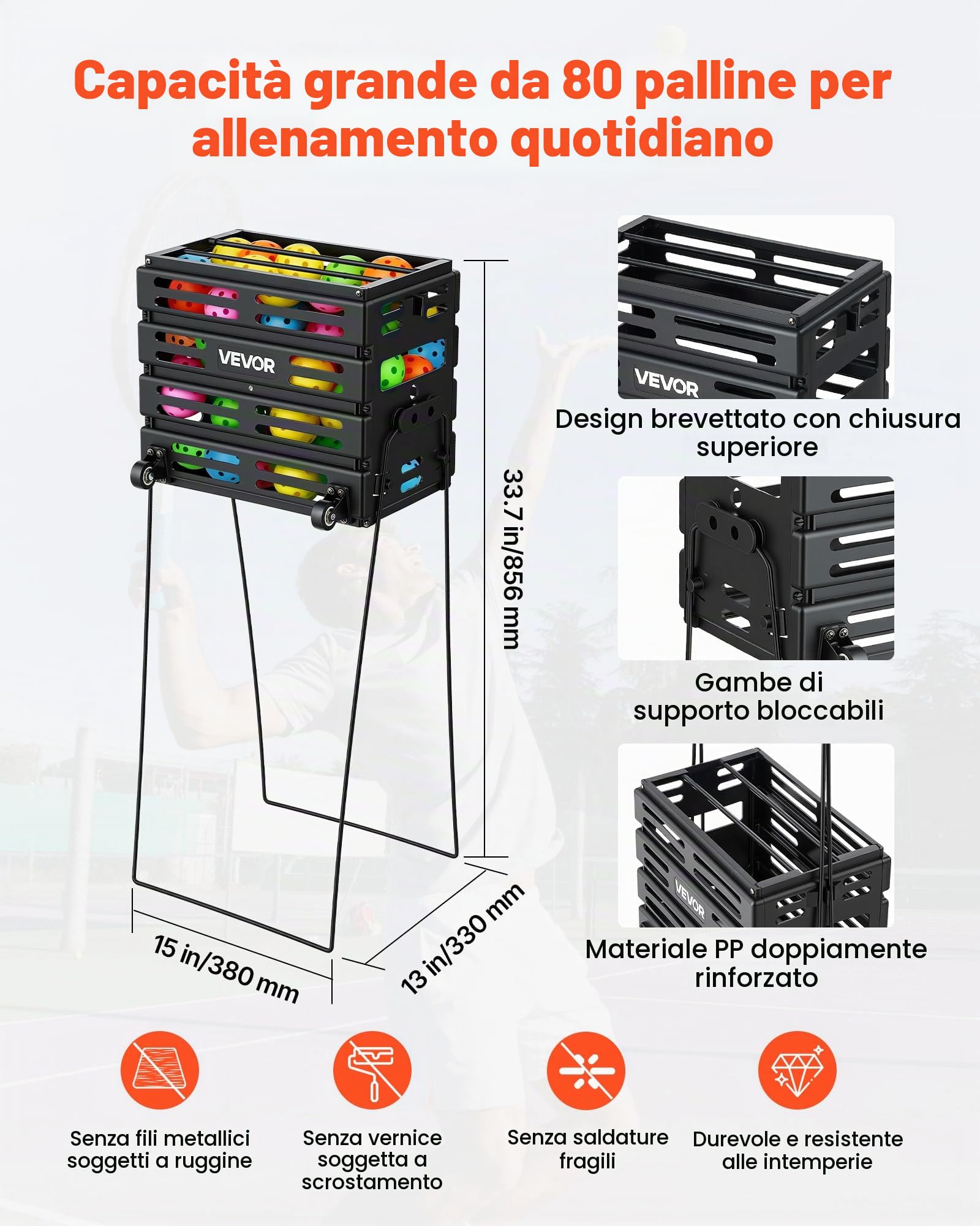 VEVOR Carrello Porta Palline da Tennis 2 in 1 con Cestello, capacità 80 Palline, con Ruote Scorrevoli e Struttura Resistente, Facile da Spostare, Contenitore Portatile per Allenamento e Pickleball