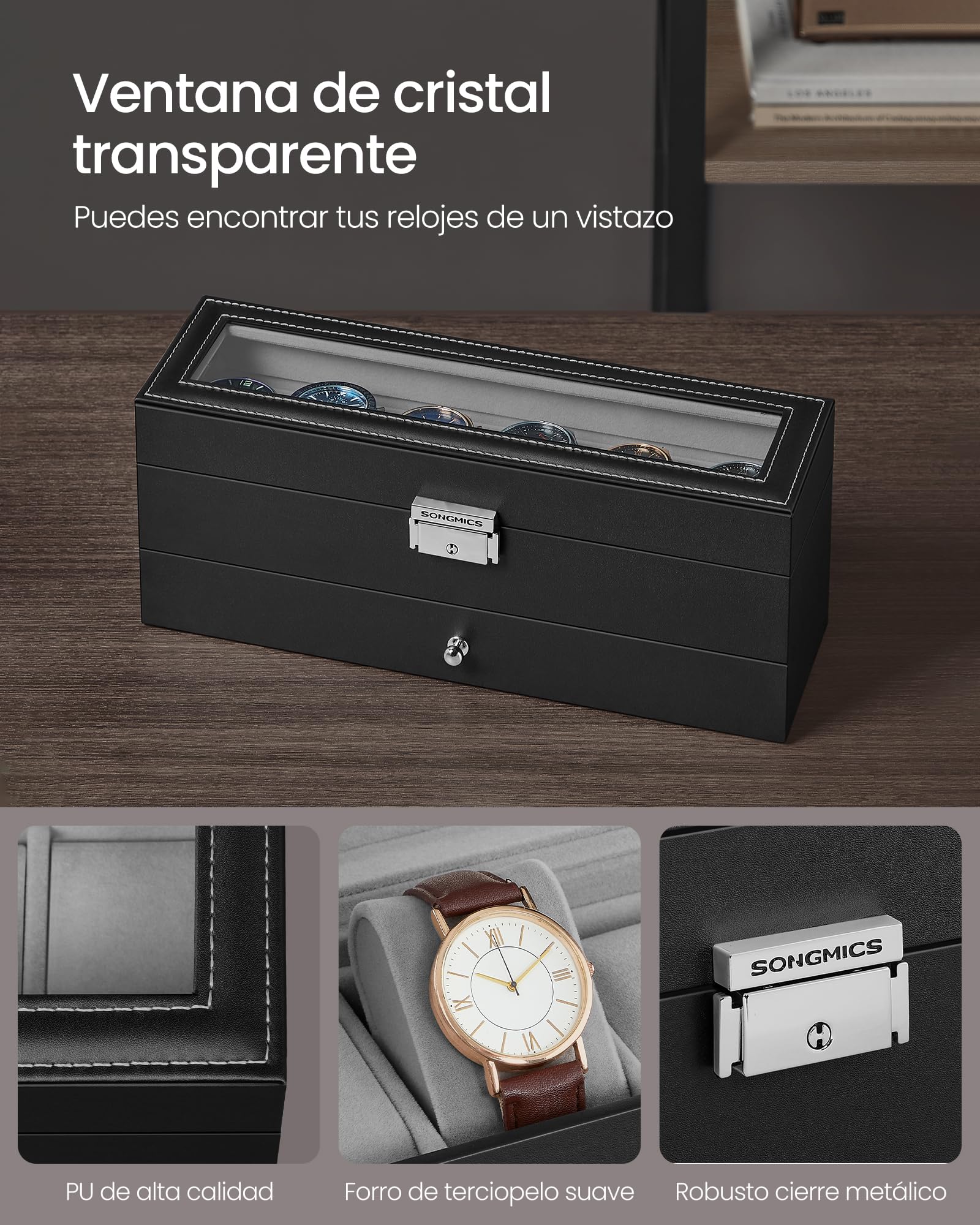 SONGMICS Caja de Reloj 2 Niveles para 6 Relojes, Estuche con Tapa de Cristal y Cerradura, PU Negro