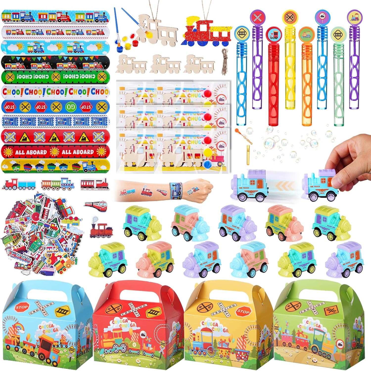 Vanblue 122Pcs Train Party Favors Birthday Themed Party Decoration Choo Choo Party Supplies Pull-back Vehicle Toys Gift for Boys Treat Gift Bags Stuffers Pinata Filler Classroom Rewards