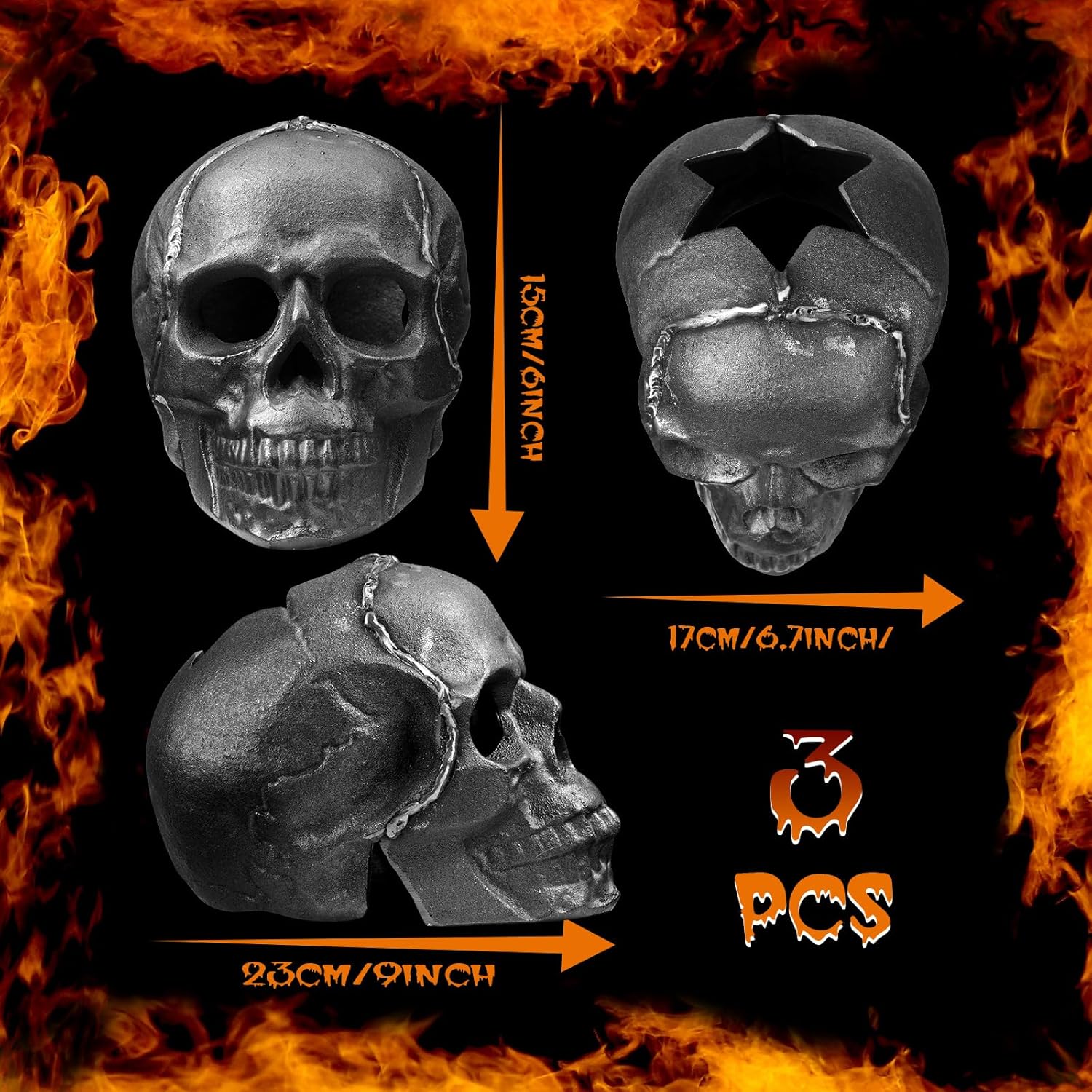 shimeyao 9 x 6.7 x 6 inch metal fireproof fire pit skulls halloween imitated human skull for indoor outdoor fireplaces, campfire, backyard halloween decor stones(black,3 pcs)