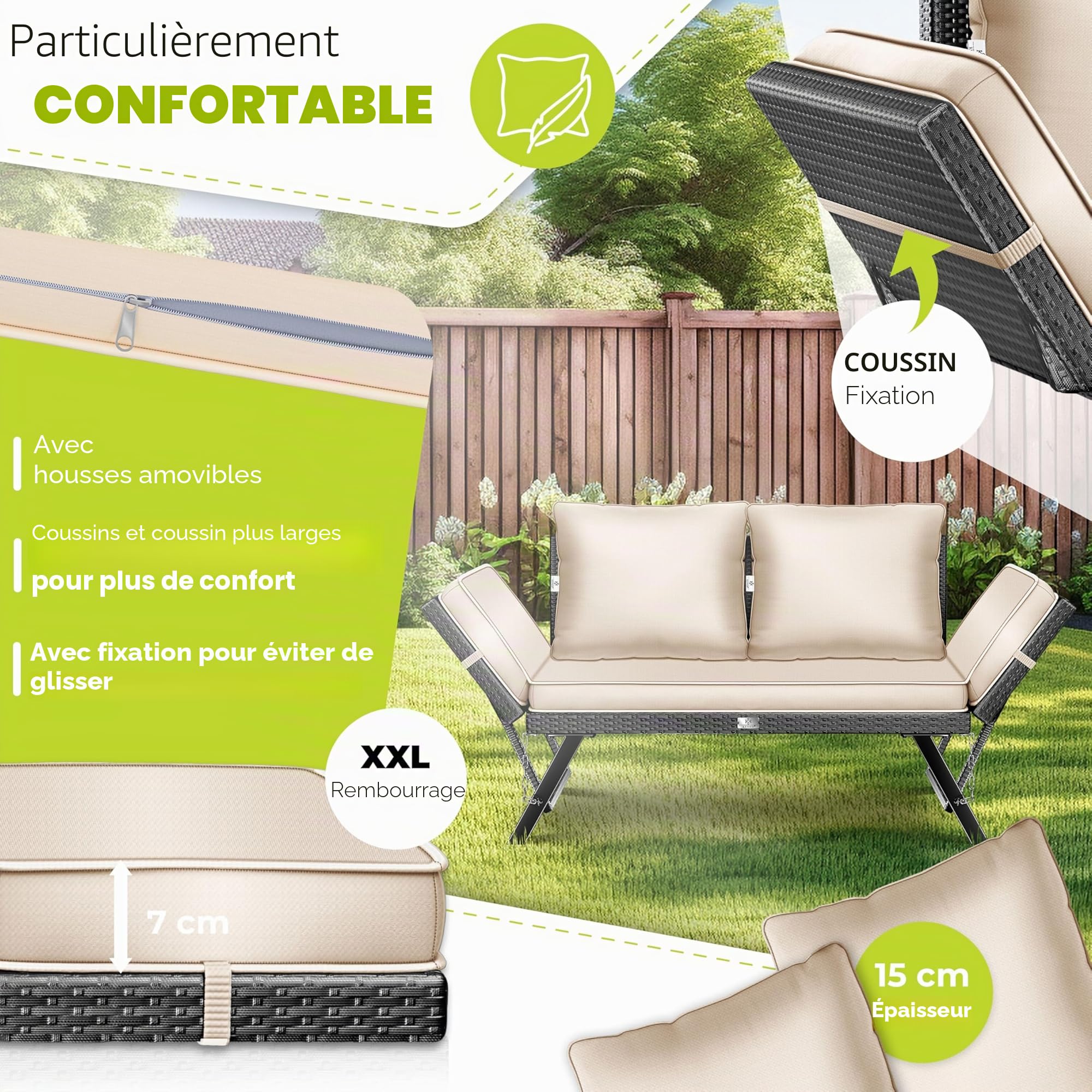 KESSER® Luna Banc de jardin en polyrotin avec fonction allongée, 4 en 1, résistant aux intempéries, canapé de balcon, canapé réglable, accoudoirs réglables, rembourrage extra épais