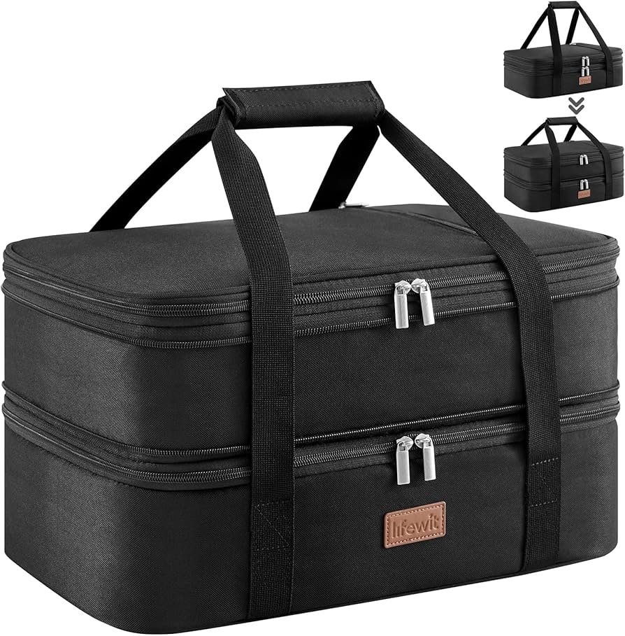 Lifewit Insulated Double Casserole Carrier Thermal Lunch Tote for Potluck Parties, Picnic, Beach, Fits 9 x 13 Inches Casserole Dish, Expandable by Mid Zipper, Black