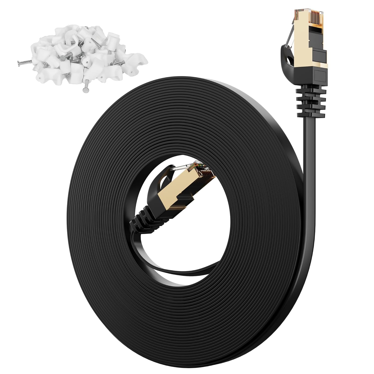 Adoreen Cat 7 Flat Outdoor Ethernet Cable 150 Ft-White, High-Speed Shielded Internet Network Cable, S/FTP, POE, 10Gbps 600MHZ Thin Cat 6E 6A Patch LAN Cord, LLDPE, direct Burial for fast gaming +Clips