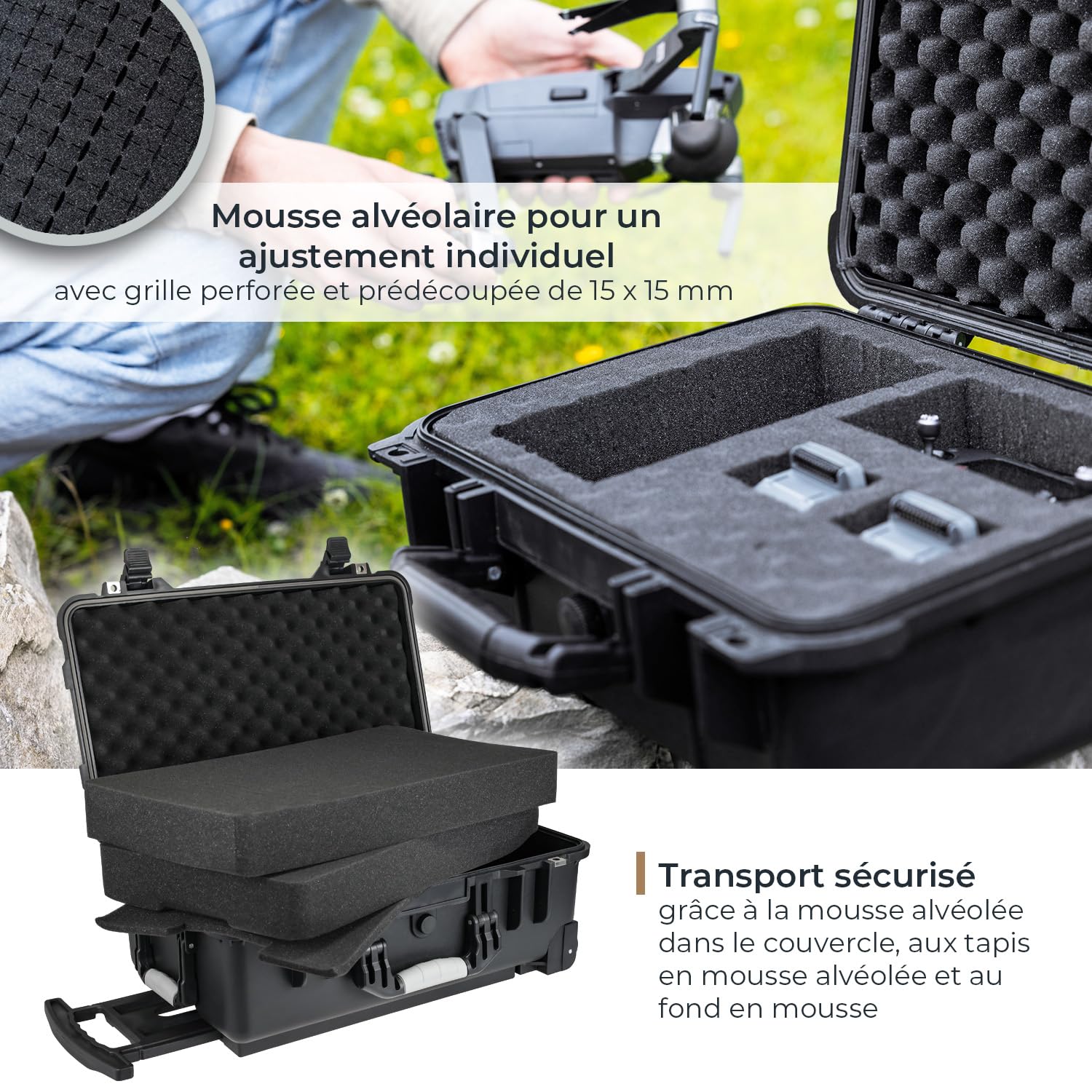 HMF Sac à roulettes d'extérieur ODK400 avec mousse à grille, Noir , 56 x 34.5 x 23 cm, Extérieur et robuste