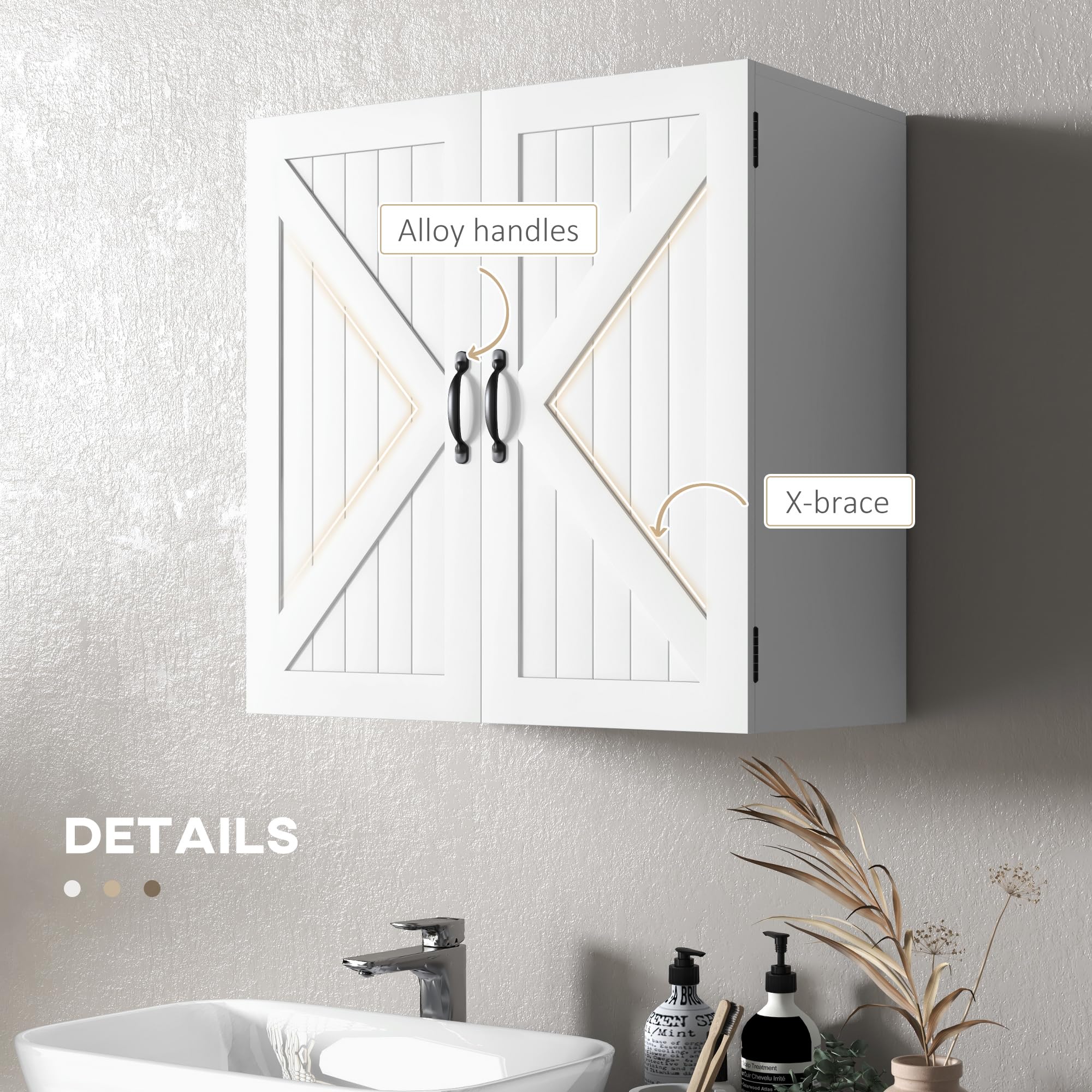 kleankin Armario de baño de madera colgado 60x30x60 cm Blanco | Armario de baño ahorrador de espacio, estilo rústico, con estante ajustable