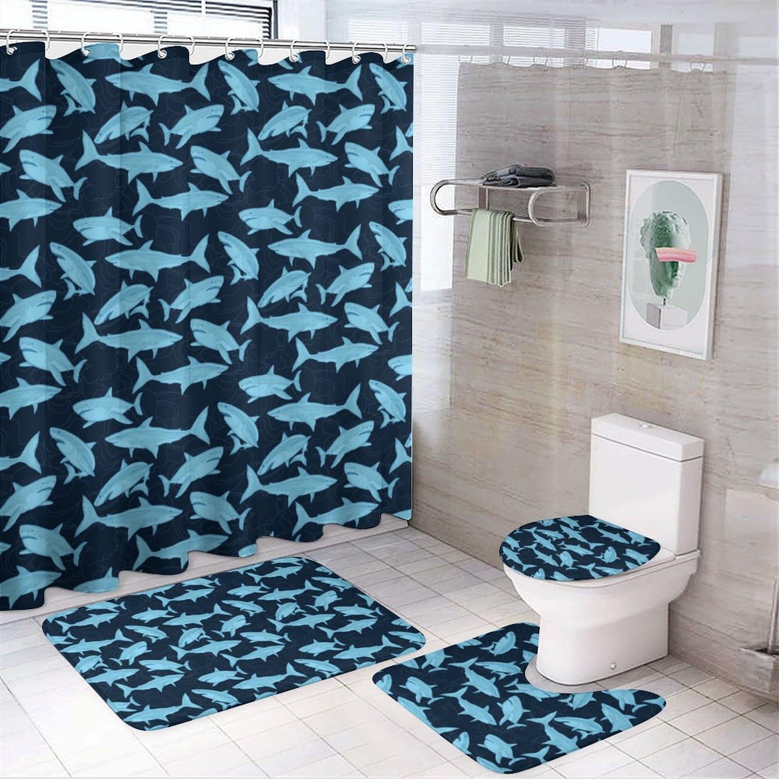 JiuPopular Bathroom Mat Set 4 Piece, Shark Shark Pattern Shower Curtain with Non-Slip Bath Mats for Bathroom