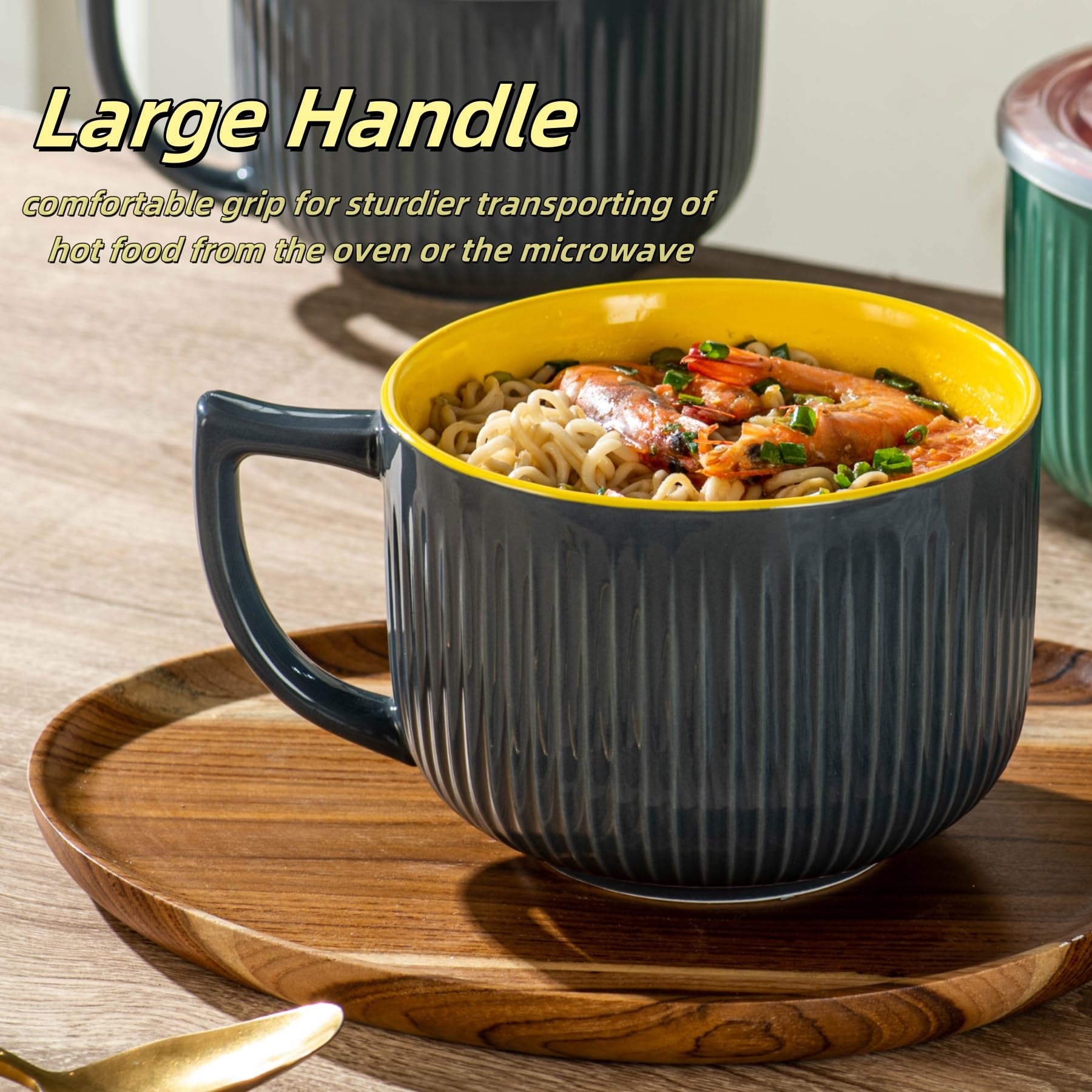 Tazón de sopa de cerámica con asa y tapa, jumbo de 38 onzas para microondas para ramen, juego de 2 | Taza de sopa con mango en D ancho y cómodo para fideos, avena, ensalada, recipiente de sopa para almacenamiento de sobras
