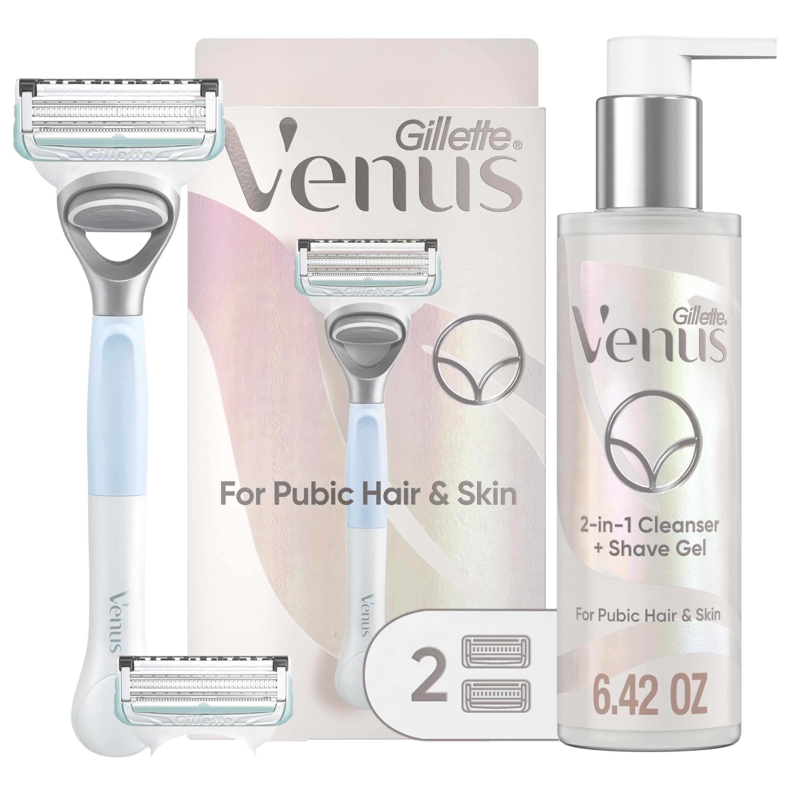 Venus for Pubic Hair and Skin Shaving Set, Women’s Razor, 1 Handle + 2 Blade Refills + 2-in-1 Cleanser