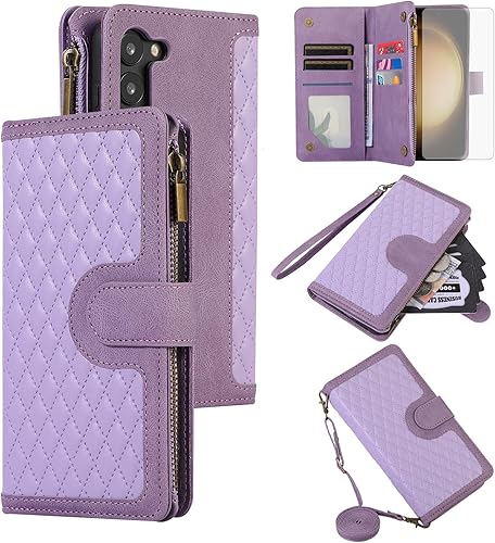 Asuwish Funda de teléfono para Samsung Galaxy S23 Plus S23+ 5G Funda tipo cartera con protector de pantalla de vidrio templado y cremallera