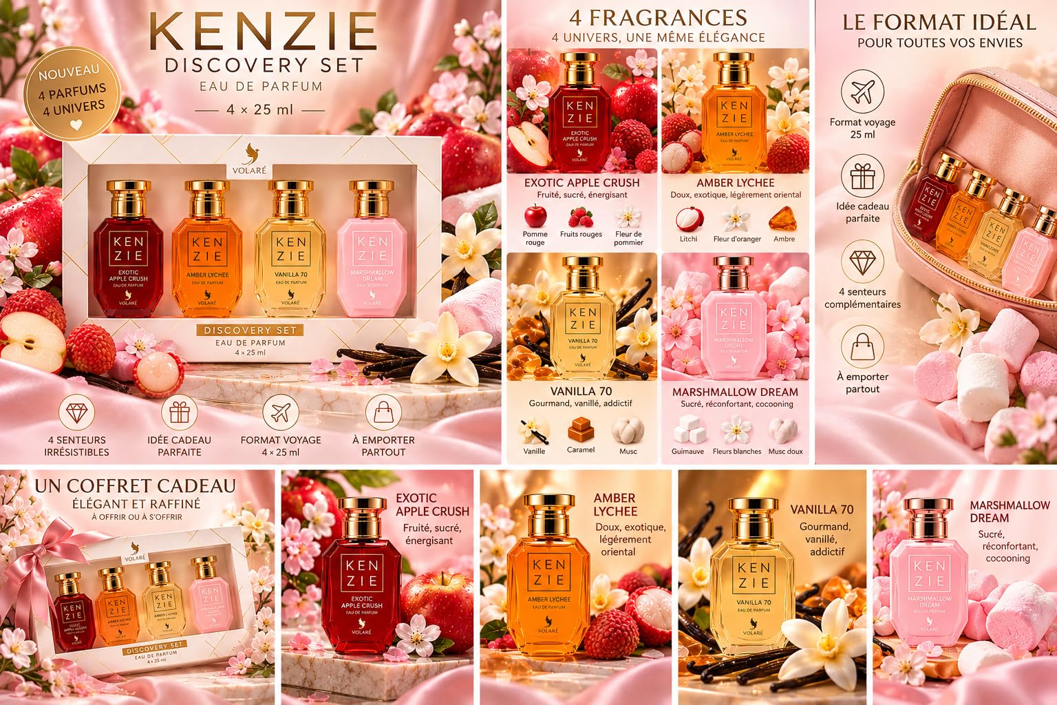 Volaré Kenzie - Cofanetto Profumo Donna 4 x 25 ml - Eau de Parfum - Exotic Apple Crush, Amber Lychee, Vanilla 70 e Marshmallow Dream - Cofanetto Regalo Donna
