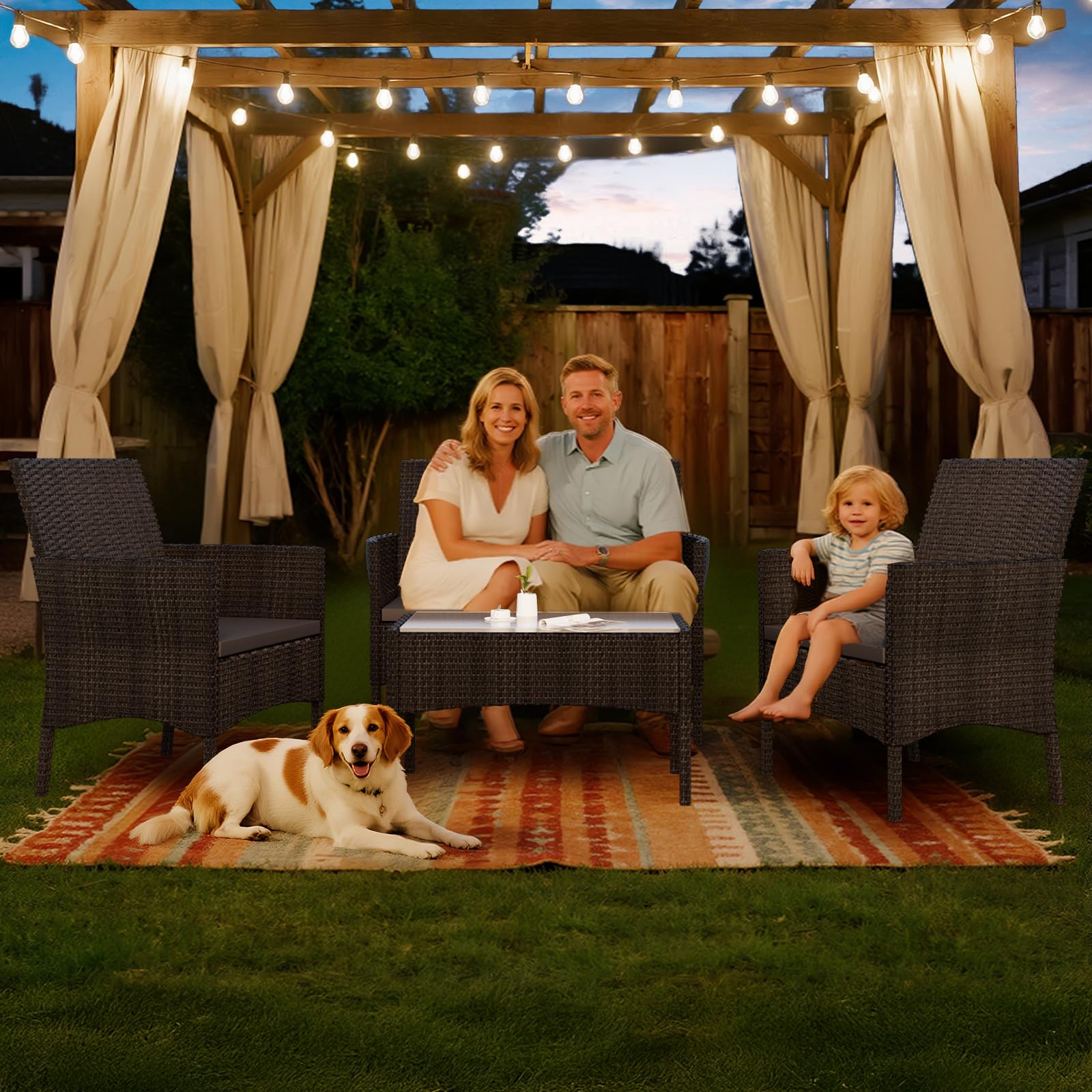 Soontrans 4-TLG. Poly Rattan Gartenmöbel Set mit Auflagen, Balkonmöbel mit 1 x Sitzbank & 2 x Stühle & 1 x Tisch, Frei Kombinierbar, Wetterfest Lounge Möbel Outdoor