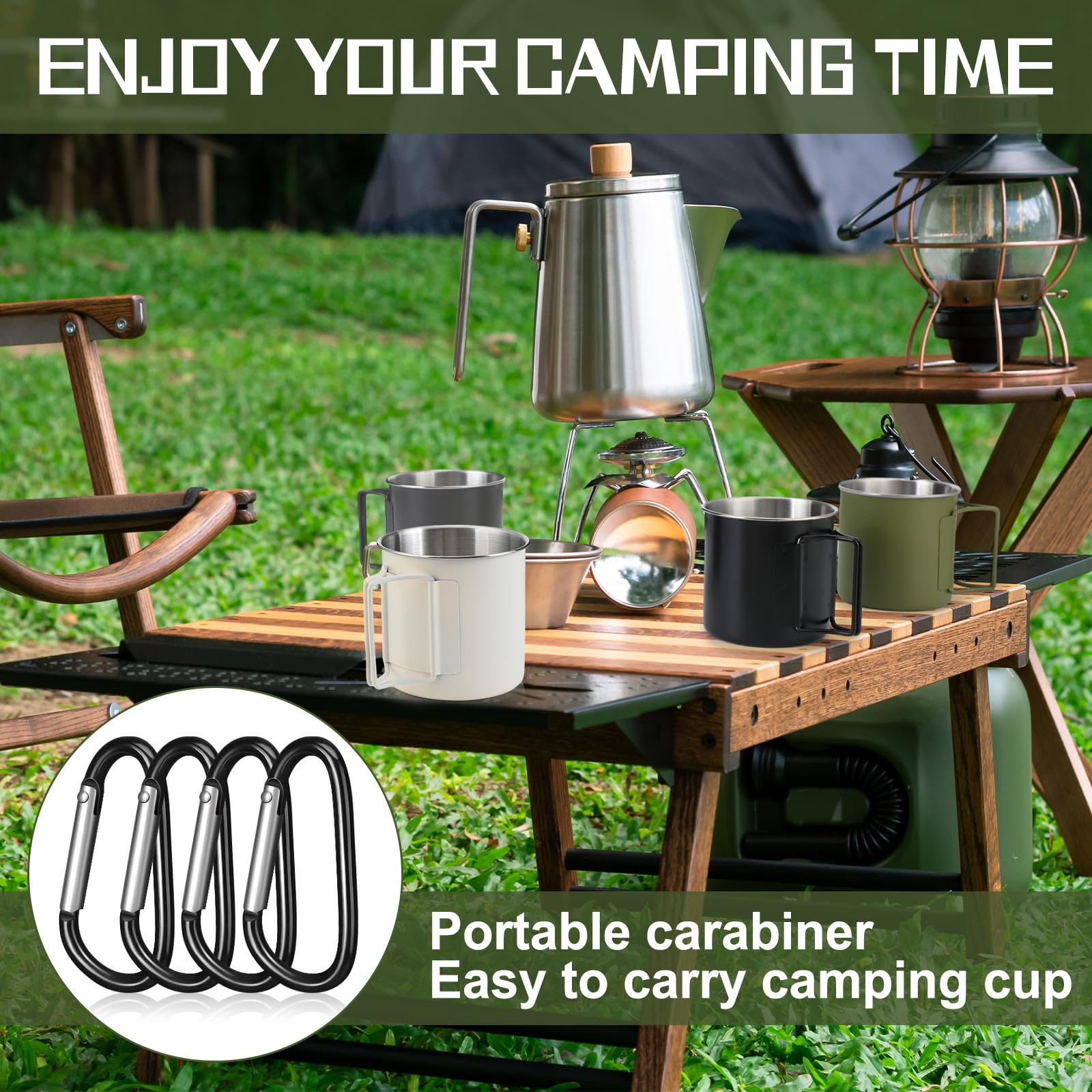 Zhehao 4 tazas de camping de acero inoxidable con asas plegables y pequeños anillos en D portátiles de 12 onzas, tazas de café para camping, mochileros, tazas de viaje para acampar al aire libre,