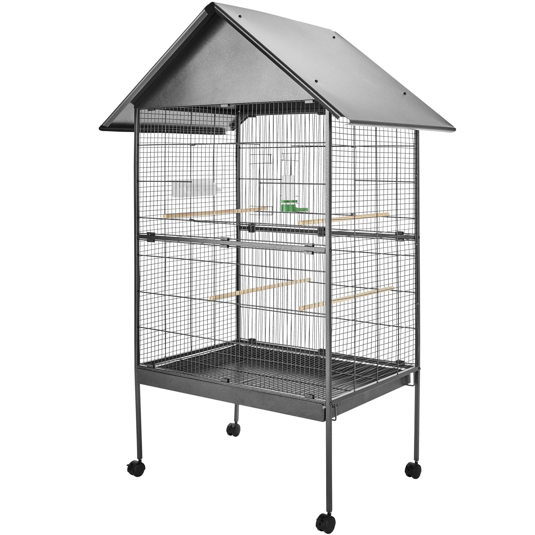 tectake® Large Bird Cage on Wheels, Spacious with Pitched Roof, Dual Doors, Feeding Station, Water Dispenser, 4 Adjustable Perches and Sand Tray, Bird Cage with Silver-Anthracite Finish
