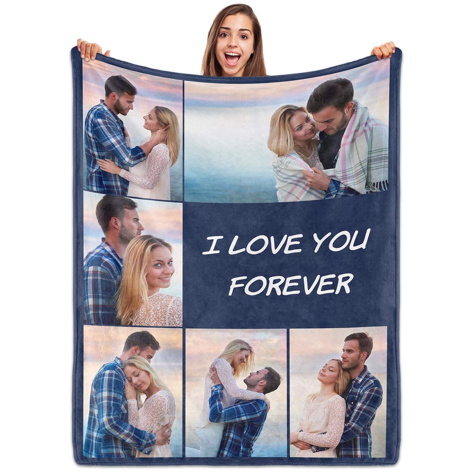 ROHBVMN Personalised Blanket With Photos and Text - Custom Picture Blanket for Adults - Customizable Gift for Girlfriend, Boyfriend, Wife, Husband