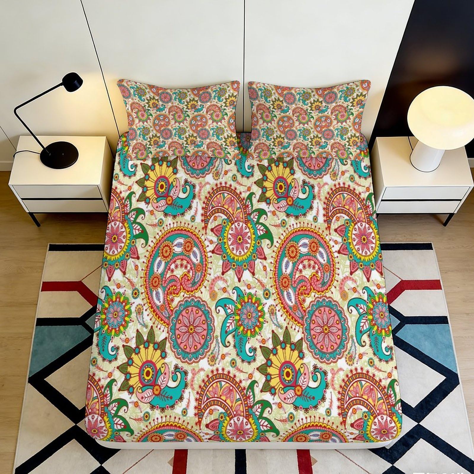 3D Printed Boho Paisley Fitted Sheet Microfiber Vibrant Mandala Bed Cover Washable Anti-Slip for Bedroom Guestroom Decor 160x200x25cm