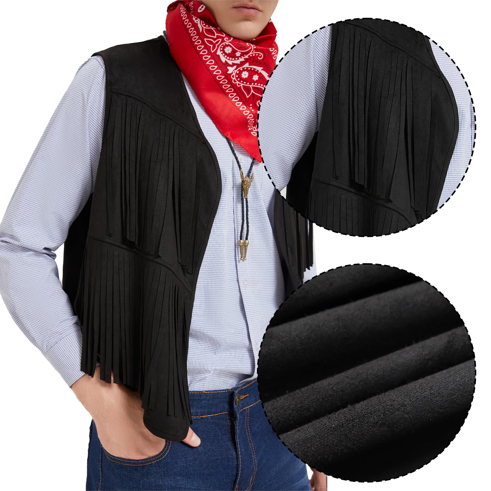 Déguisement Cowboy Cosplay Western Cowboy pour Hommes Gilet à Franges Chapeau Bandana Collier pour Carnaval Costume Hippie pour Adultes
