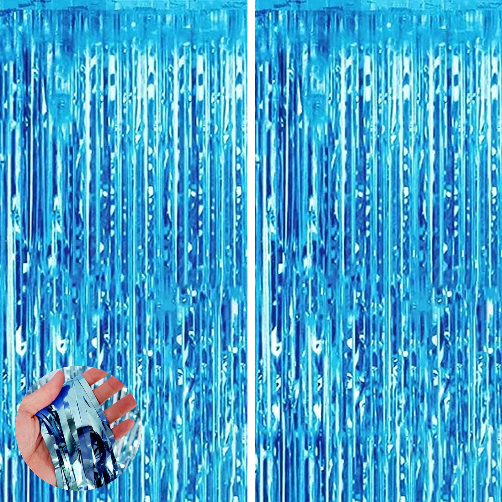 Rideau Frange Métallique Kulamo 3 Pièces - 2m, Aluminium Brillant, Pour Fête, Mariage, Décoration Murale Bleu
