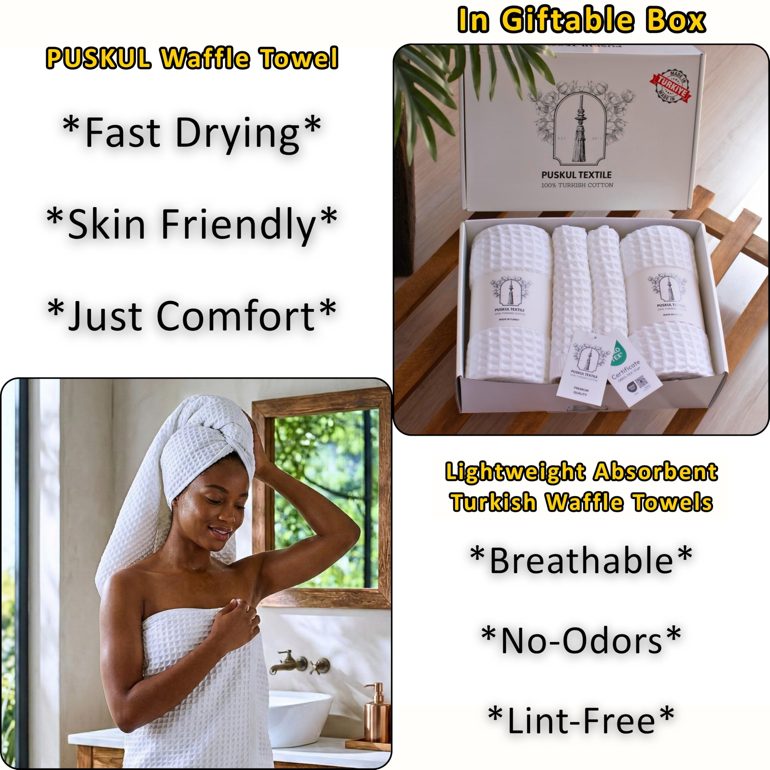 Puskul - Wafel Handdoeken - Honingraat Weave Handdoeken voor Badkamer - Premium 100% Turks biologisch katoen Handdoeken - Luxe, Duurzaam, Absorberend, Wit ( 8