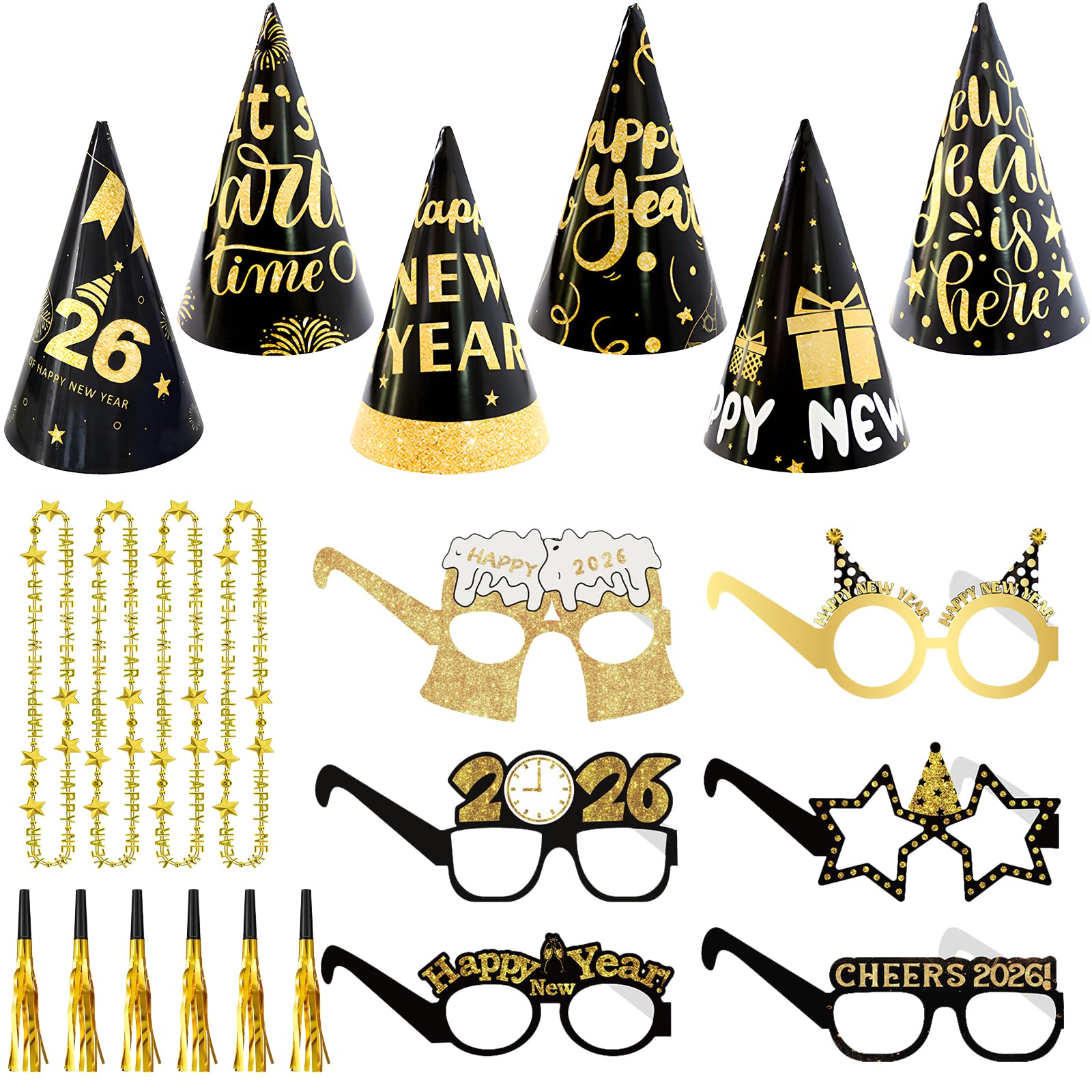Fogcosy Multicolor 22 Pcs New Years Eve Decorations 2026, Happy New Year 2026 Decorations, Includes Glasses, Hats, Beaded Necklace For New Year's Eve Party Accessories