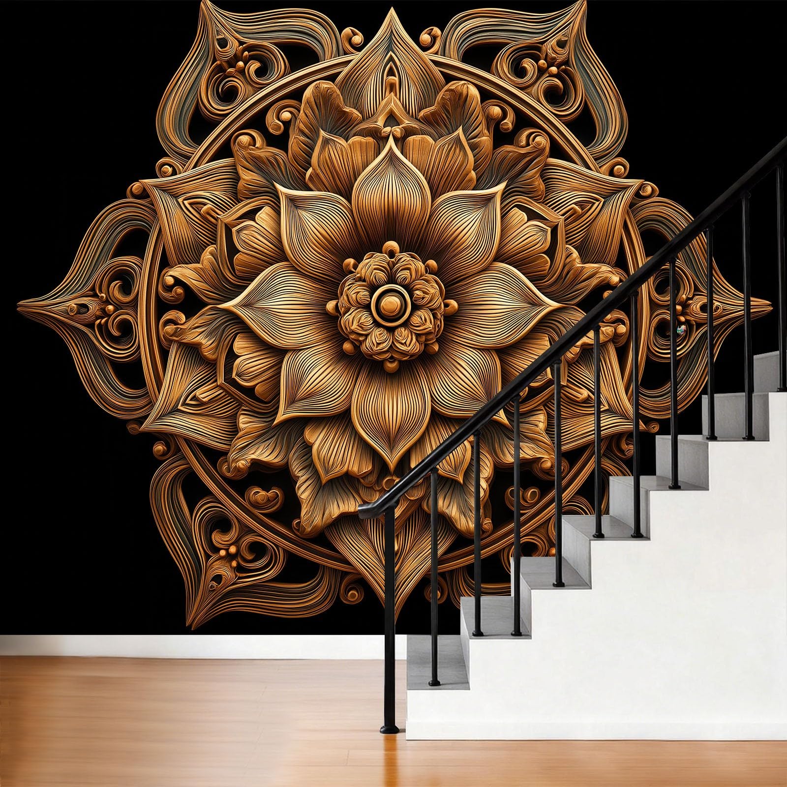 Papel pintado 3D efecto mandala loto 300 x 210 cm XXL Fotomural Dormitorio Simétrico Geométrico Papel Pintado Salón Pared Decoración Pasillo Aesthetic Murales