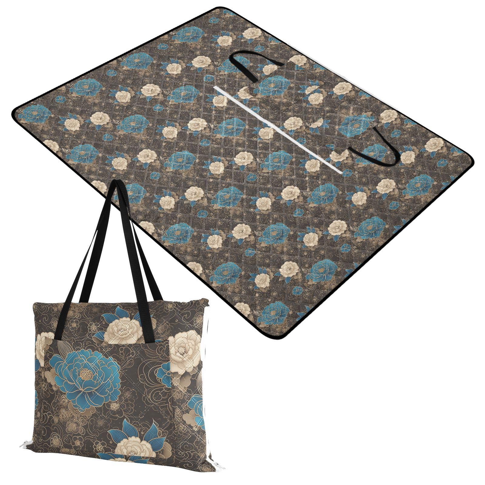Accessori Spiaggia Erba Pieghevole Campeggio Coperta Packable per Outdoorsy Persone Picnic Articoli Peonia Cinese Floreale Oro Teal Nero estera de Playa