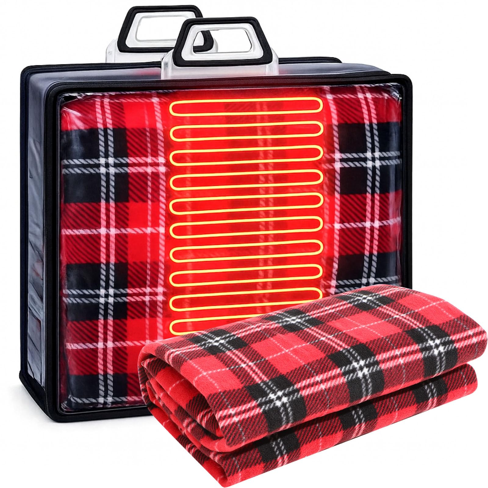 Tuanse 58 x 43 Inches Car Electric Blanket 12 Volt Heated Car Blanket with Temperature Controller and Transparent Storage Bag Cold Weather Tailgating and Emergency Kit(Black Red,Plaid)