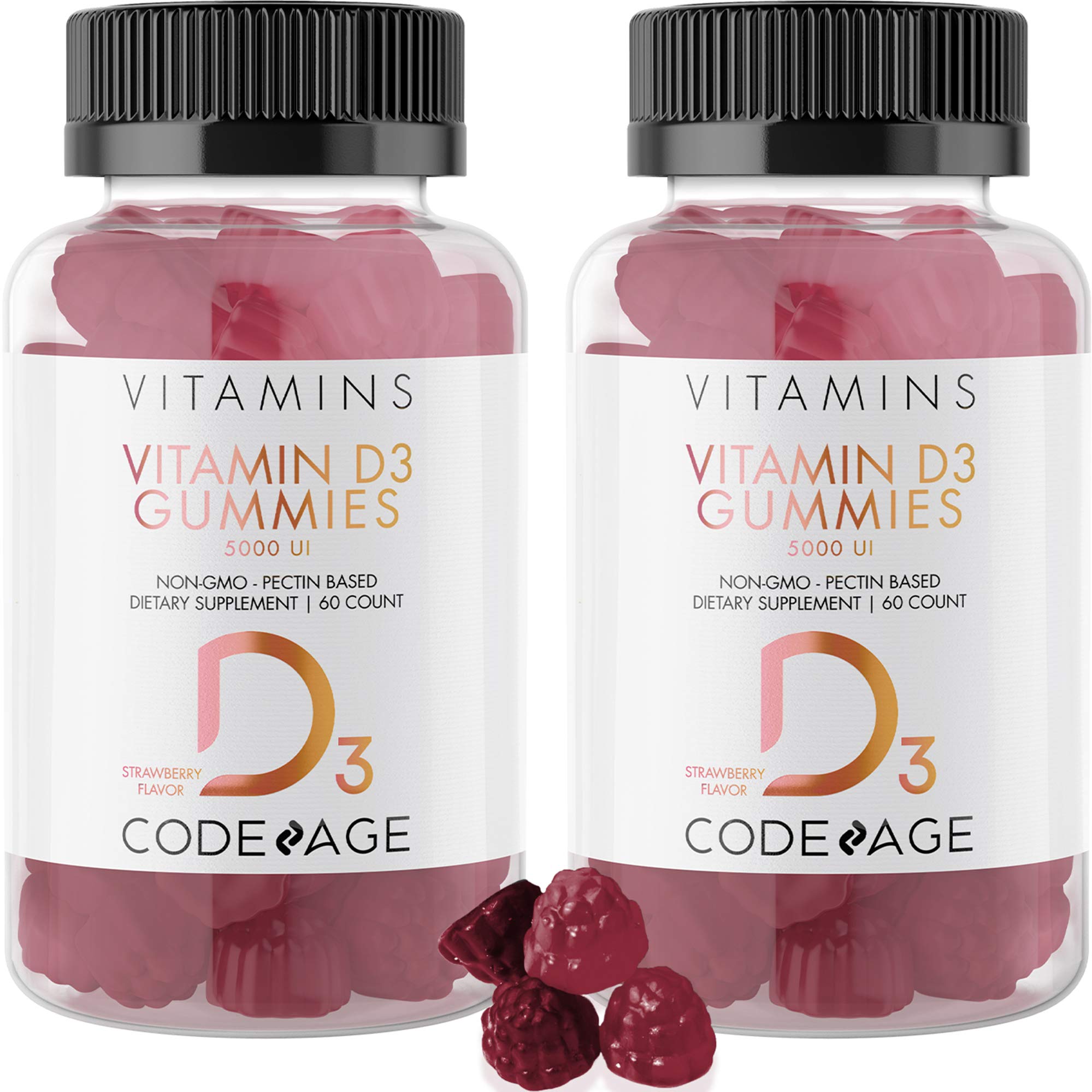 CodeageVitamin D3 Gummy Vitamins, Vitamin D3 5000 IU Gummies Cholecalciferol 125 mcg, Soft Pectin-Based, Animal Gelatin-Free Gummy, Gummies Vitamins, Tasty Strawberry, Non-GMO - 2-Pack