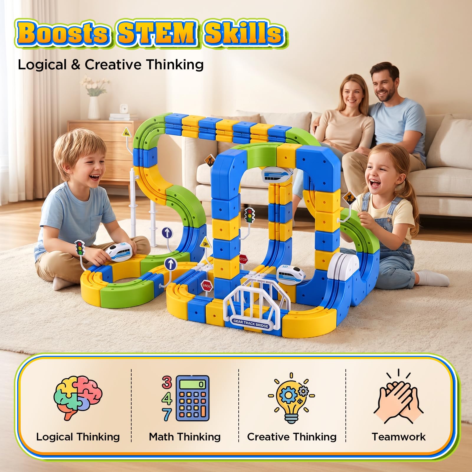 Train Électrique Enfant 224 Pièces – Cube Track Train avec Système klick, Parcours 3D et Ventouses, Jeu de Construction Créatif pour Enfants Dès 3 Ans