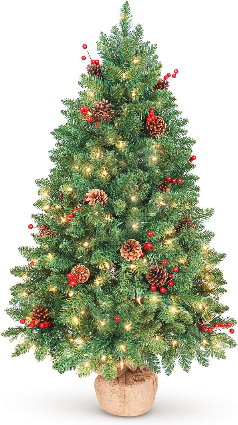 4FT Prelit Christmas Tree, Artificial Tabletop Xmas Tree, Small Christmas Tree Pre-Decorated with Pinecones and Berries (150 Clear Warm Lights and Realistic 380 Thicken Tips, Cloth Bag Base)
