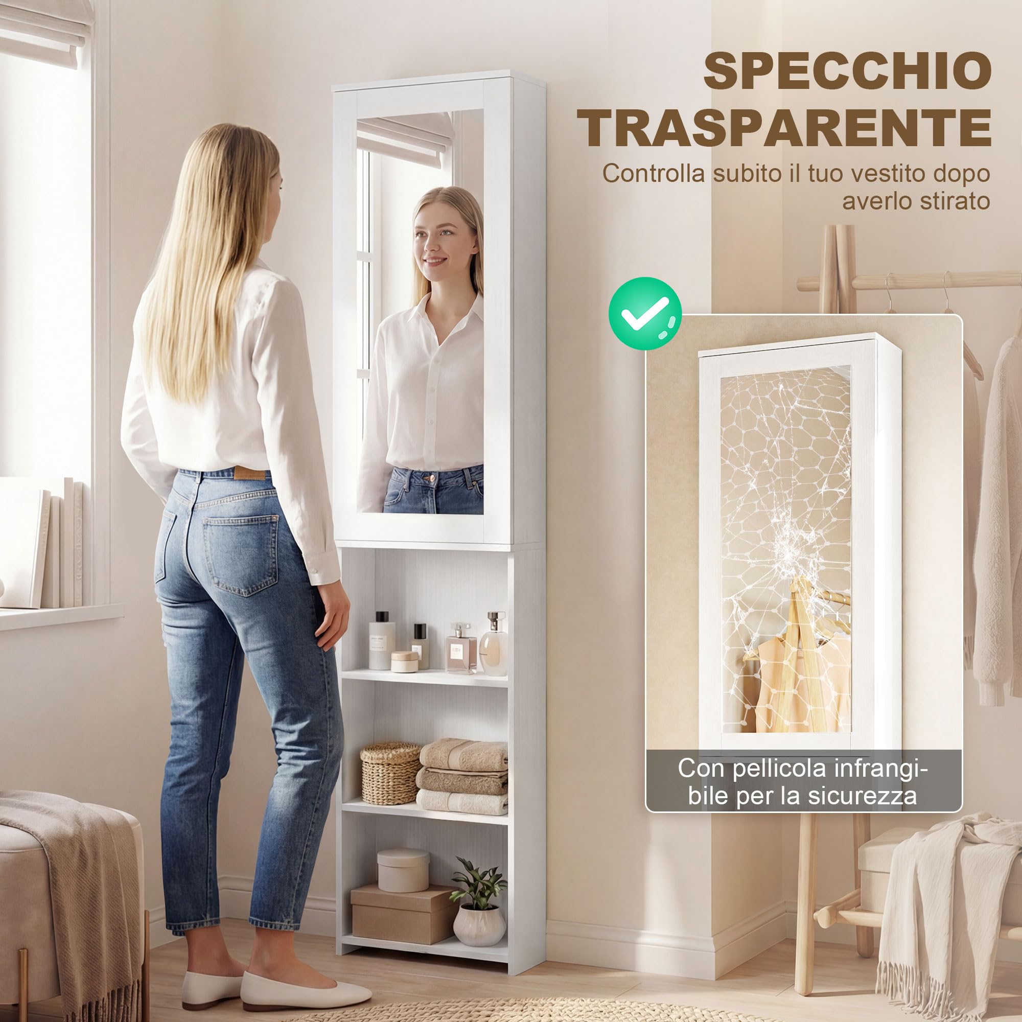 HOMCOM Mobile Asse da Stiro Pieghevole Salvaspazio con Specchio, Mobile da Stiro Multiuso con 6 Scomparti, 2 Ganci, per Lavanderia Bagno, 107x35x174 cm, Bianco
