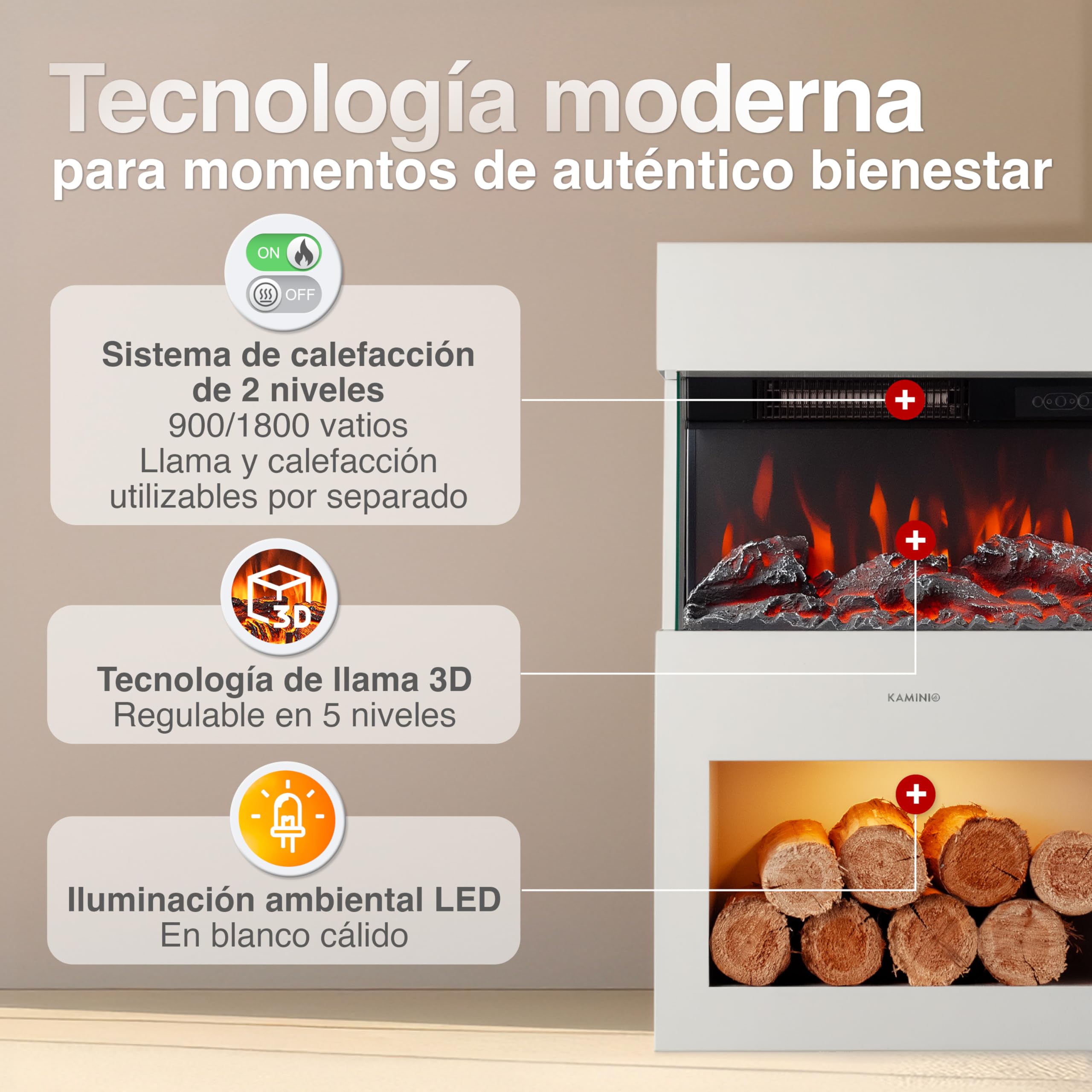 KAMINIO Eléctrica Chimenea Henri - Estufa de Chimenea eléctrica con calefacción, Efecto Llama 3D, LED, Control Remoto Blanco