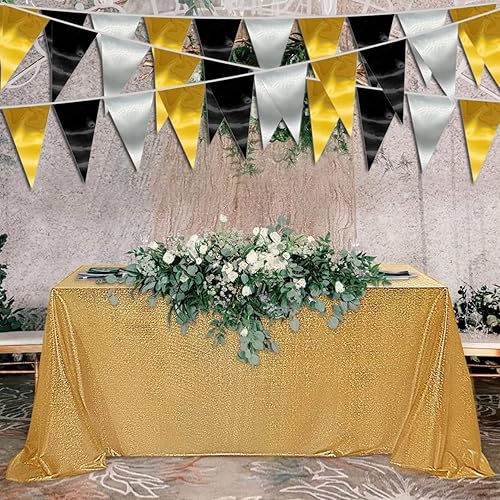 Miniatura 3 de Banderín triangular de 130 pies, color negro y dorado y plateado, guirnalda de banderines de tela metálica para colgar en la pared de Navidad,