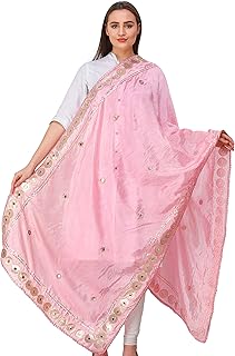 Exotic India Dupatta from Amritsar Embellished with Patch Border - Color Cameo Pink