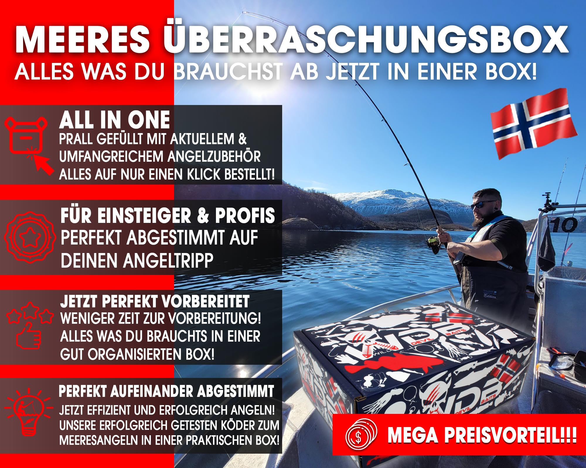 Angel-Berger Wild Devil Baits Pro Meeres Monatsbox Angelköder Meeresangeln Promo Lure Box Norwegen Geschenk Meeresangler