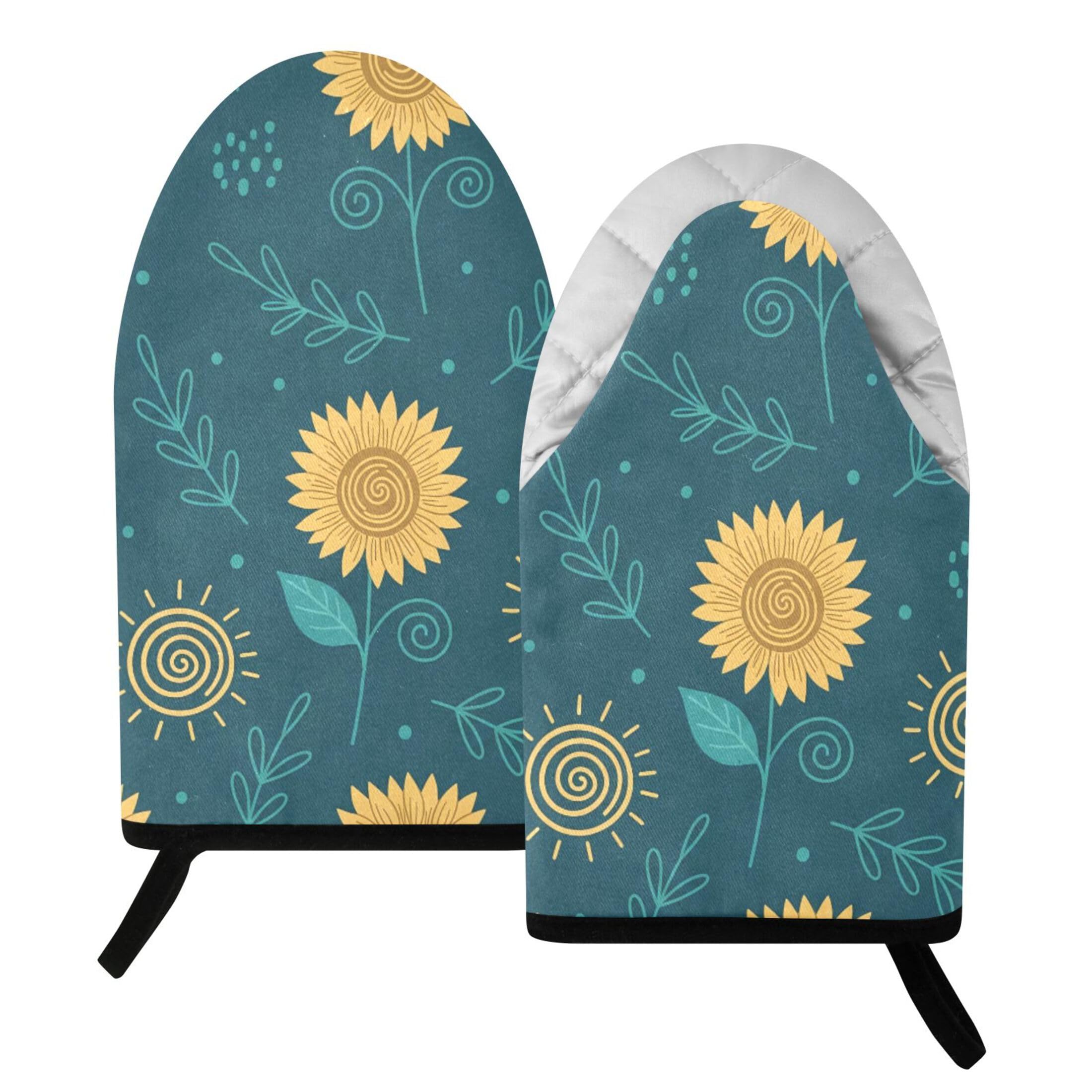 Fuauuyl Oven Mitts Heat Resistant Kitchen Gloves, Cute Sunflowers Classic Oven Gloves with Hanging Loop for Baking BBQ Cooking Grilling, 1 Pair, 9.5 in