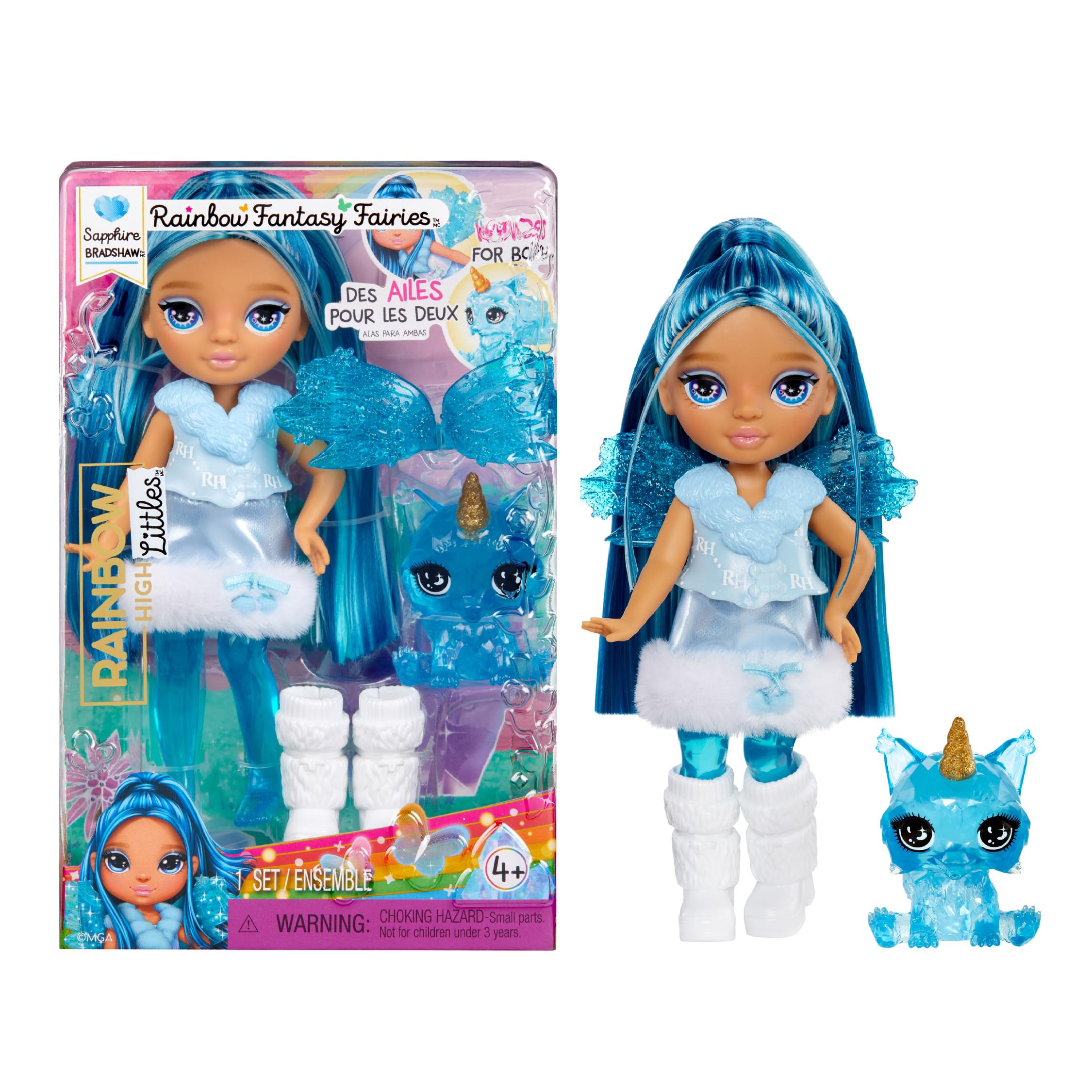 Rainbow High Littles Rainbow Fantasy Fairies & Pet - Sapphire, Blau - 14 cm Kleine, Bewegliche Puppe & Fantasie-Hund mit Austauschbaren Feenflügeln, Süßes Geschenk für Kinder ab 4