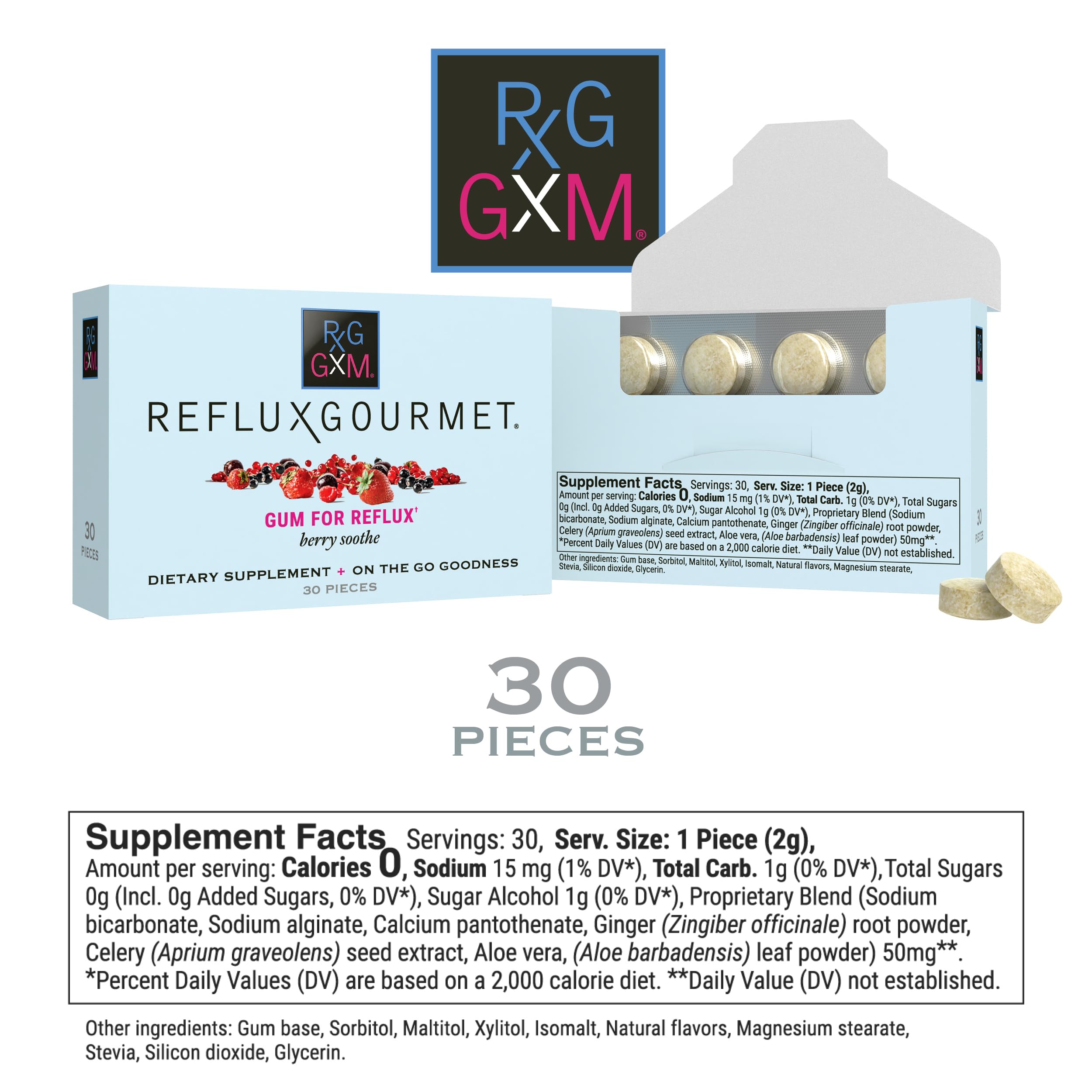 Reflux Gourmet Berry Soothe Gum Alginate Therapy Sodium Bicarbonate Gum for Acid Reflux, Oral, Cognitive, and Digestive Support, Natural with Ginger, Celeriac and Aloe, Sugar Free, Gluten Free, Vegan — Amazon image 4