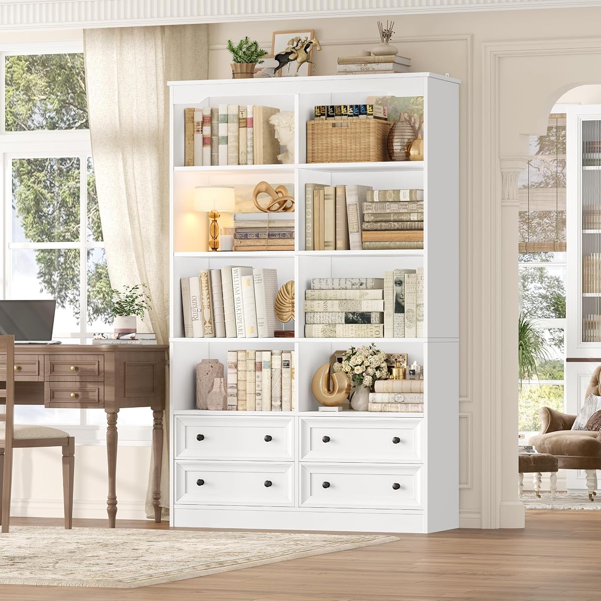 Estantería de 71 pulgadas de alto con 4 cajones, estantería blanca para oficina, estanterías y librerías de 6 niveles de doble ancho con almacenamiento, estantería blanca para libros de pie para oficina en casa, color blanco