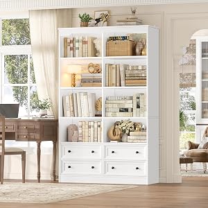FINETONES 71" Tall Bookshelf with 4 Drawers, 6-Tier Double Wide Bookshelves and Bookcases with Storage, White Bookshelf Large Open Bookshelves Standing Book Cabinet for Home Office, White