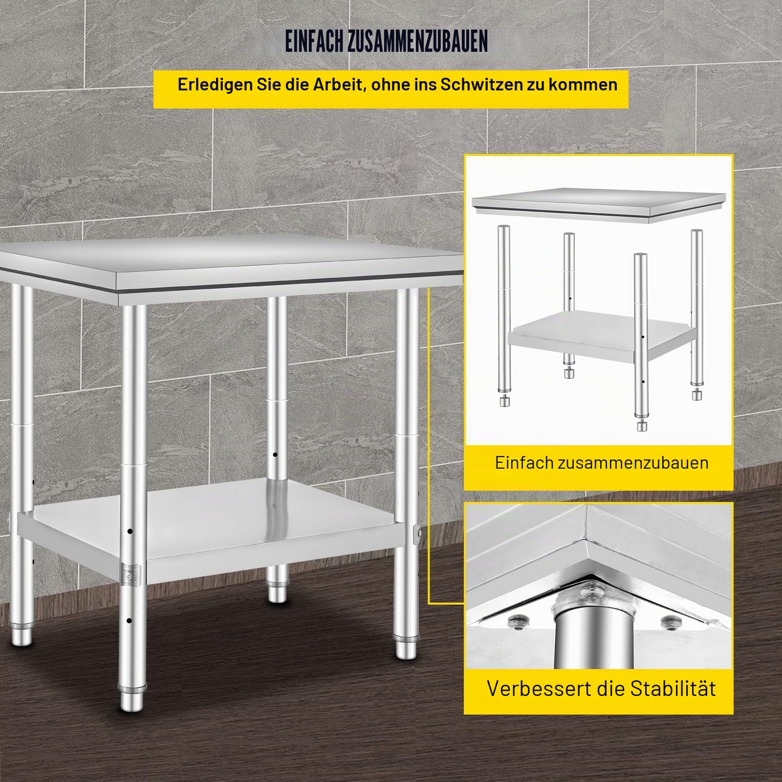VEVOR Arbeitstisch Küche Edelstahl 60 x 76 x 80 cm Arbeitsplatte Küche in 2 Etagen Arbeitstisch aus Edelstahl für die Zubereitung von Speisen, Hotels, Büros, Krankenhäusern