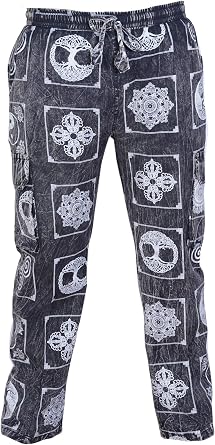 Ezhippie Mens Boho Cotton Cargo Pants Spiritual Print Festival Hippy Work Trousers