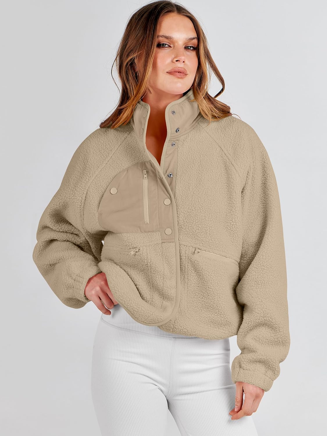 ANRABESS Womens Fuzzy Fleece Jacket Fall Casual Long Sleeve Cropped Sherpa Button Down Shacket Coats Outwear With Pockets - Image 9