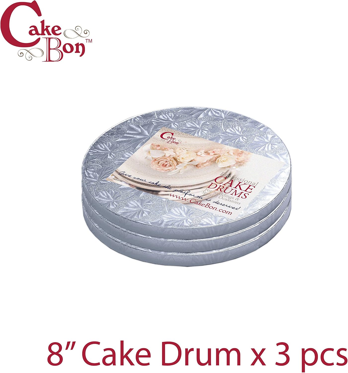 Cakebon Silver Cake Boards 8 Inch Round - 1/2 inch thick Cake Boards (aka Cake Drum), Sturdy Cake Base, Ideal for 6 Inch Cake, Smooth Edge Cake Drums Round Greaseproof (Pack of 3 Cake Boards Round)