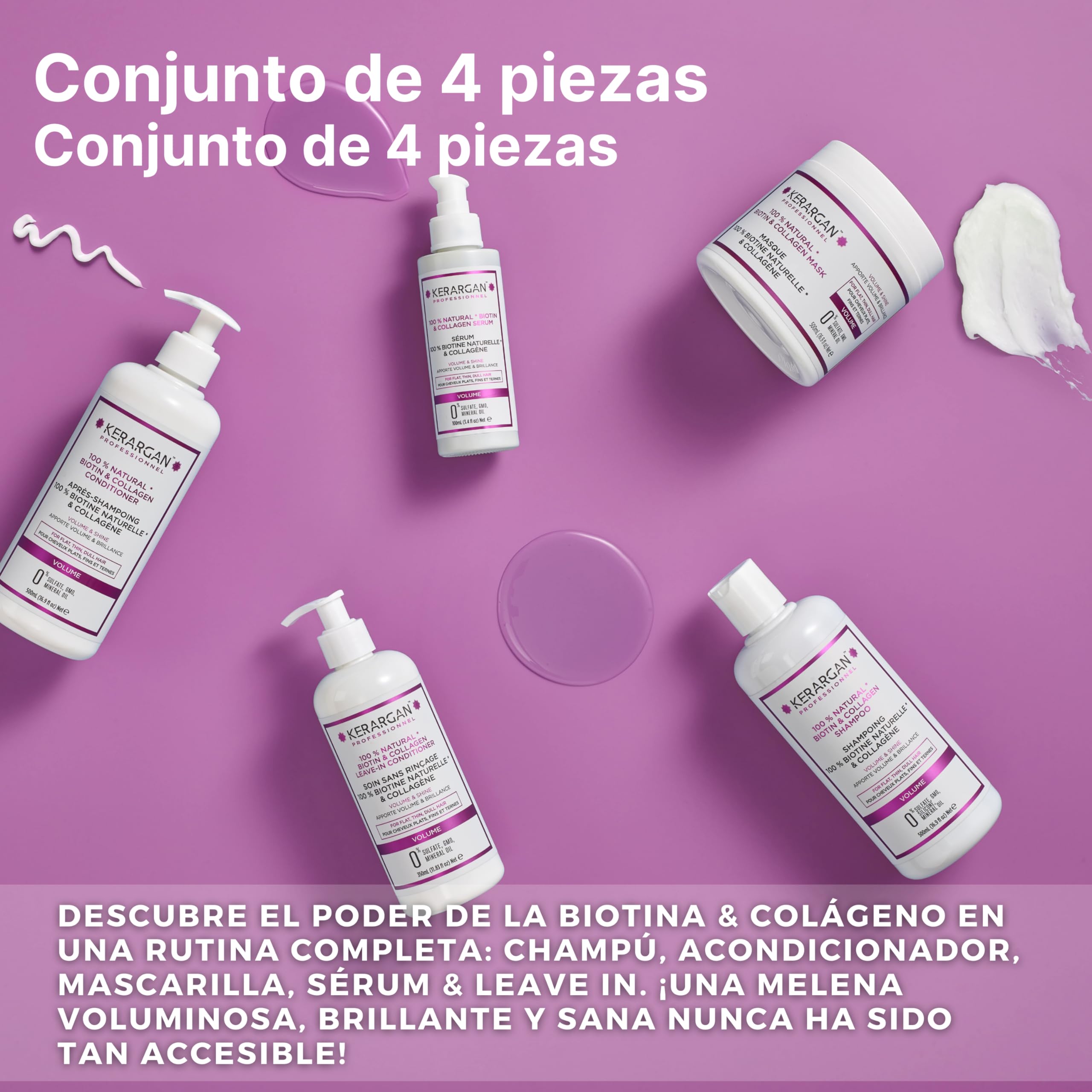 Kerargan - Conjunto Voluminizador Champú, Acondicionador, Mascarilla, Sérum & Leave-In con Biotina & Colágeno - para Cabello Fino y Sin Vida - Sin Sulfatos, OMG, Silicona - 3x500ml+1x100ml+1x350ml | Champú, acondicionador, mascarilla, sérum y cuidado sin