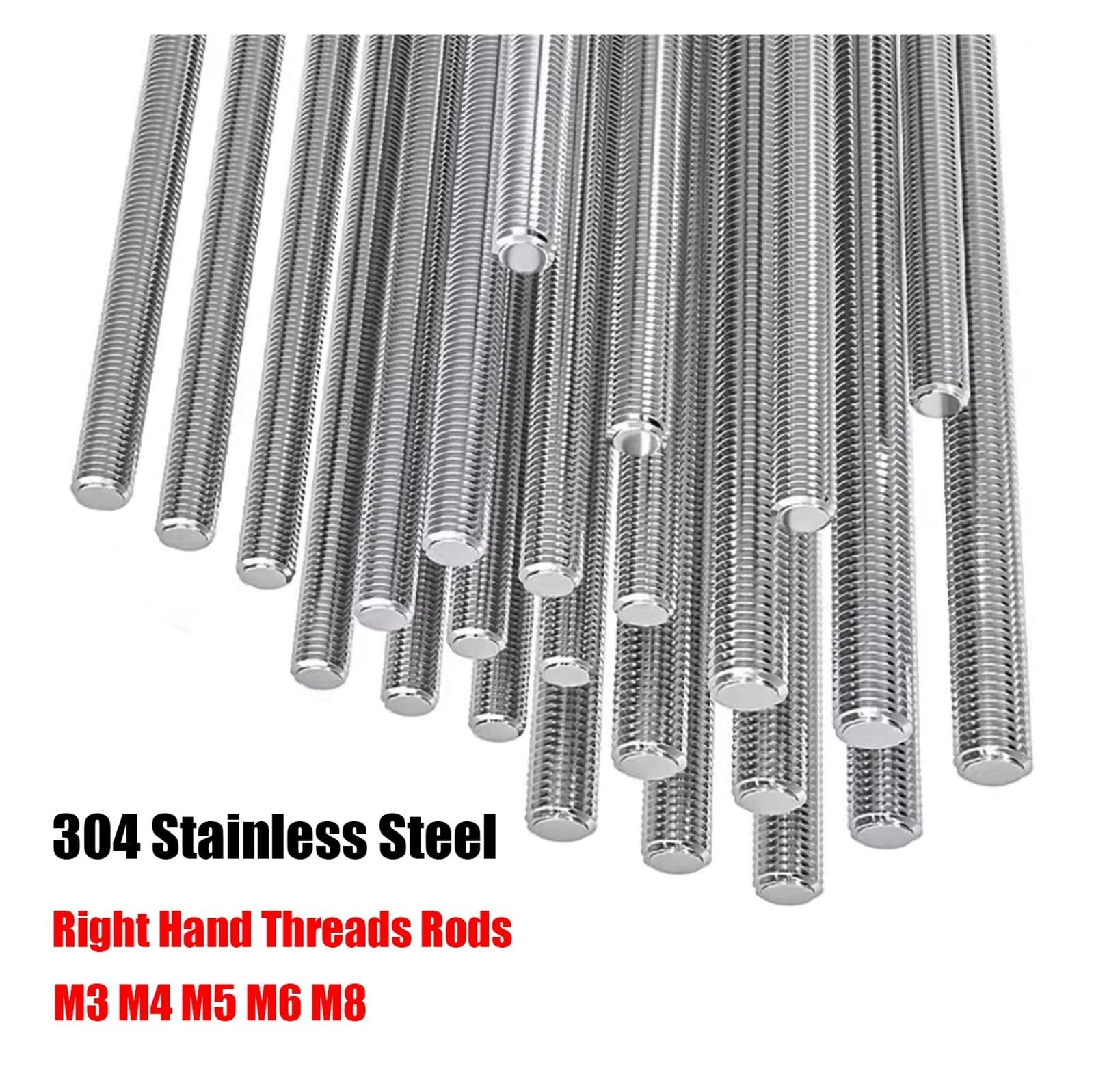 Varilla roscada de acero inoxidable 304, rosca derecha, M3, M4, M5, M6 y M8, paso de rosca de 0,5 a 1,25 for fijación de muebles.(M6x1x300mm 10pcs)