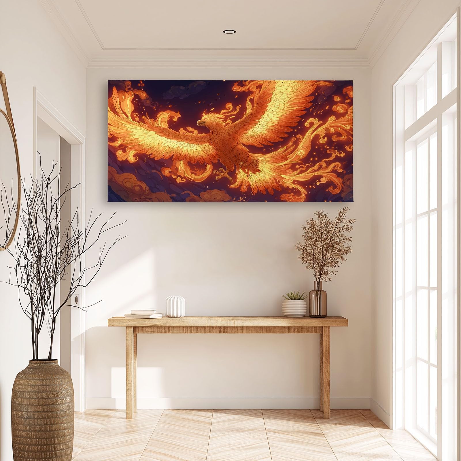 Abstrakt Mythisch Vögel Flammen Modernes Leinwandbild 90L x 60B cm mit Rahmen, Fantasie Kunst XXL Wanddeko für Wohnzimmer Geschenk Idee Einzug - Hochwertiger Kunstdruck auf Holzrahmen