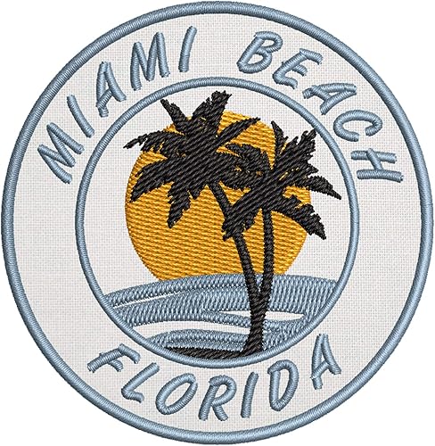 Miami Beach, Florida, retro, vintage, puesta de sol, playa, palmera, escena, bordado, parche de alta calidad, para planchar o coser, emblema